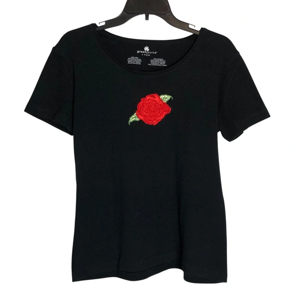 Greensource 100% Organic Cotton Black Stretch T-shirt w/ Rose Women’s Size L - Picture 5 of 6